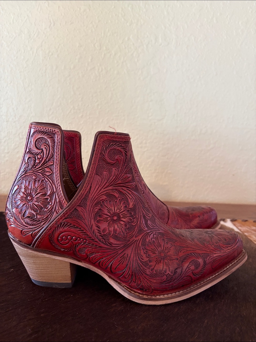 Myra Bag Red Tooled Floral Leather Ankle Booties - Picture 5 of 12